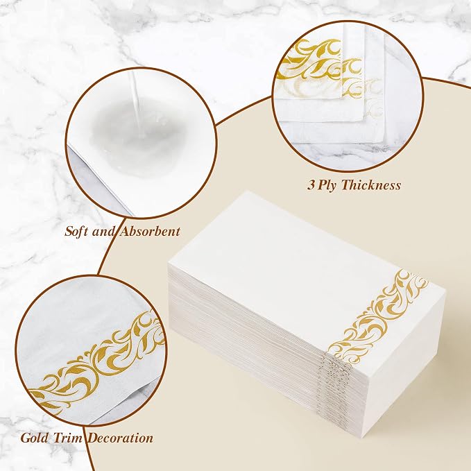 BESTVIP 100 Pack Disposable Paper Napkins, 3-Ply Dinner Napkins with Gold Trim for Guests, Bathroom Paper Hand Towels Soft & Absorbent, Perfect for Christmas, Kitchen, Dinner, Party, Wedding or Event