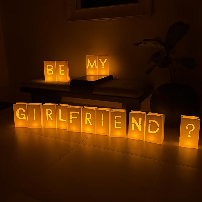WYMM Be My Girlfriend Light up Letters with 30 Tea Lights Candles and 2000 Red & Pink Rose Petals - Luminary Bags Heartfelt Surprise Romantic Decor Proposal Decorations and Be My Girlfriend Proposal