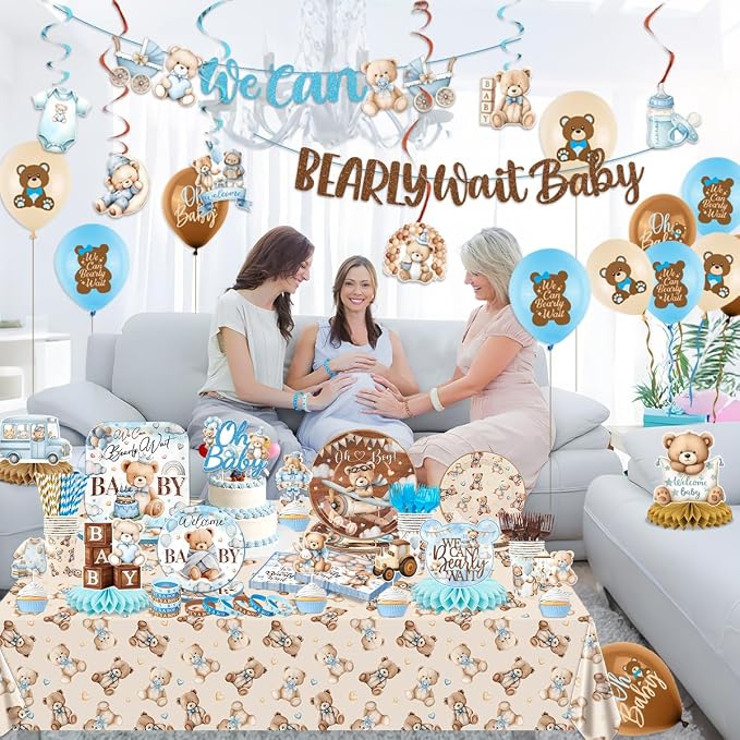 Blue Bear Baby Shower Decorations for Boy We Can Bearly Wait Baby Shower Plates and Napkins Tablecloth Banner Toppers Bracelets Sash Honeycombs Balloons for Boy Baby Shower Party Supplies Serve 26