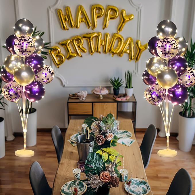 Cicicooie 2 Set Floor Balloon Stand Kit with String Light Balloon Holder Centerpieces Floor Decoration for Birthday Party Bachelorette Party (Purple&Silver)