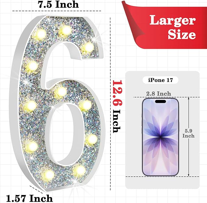 12.6 Inch LED Silver Marquee Light Up Numbers, 6th Birthday Decorations Number Lights as Gifts for Girls Boys, Glitter Lighted Marquee Numbers for Silver Anniversary Party Table Decor, 6