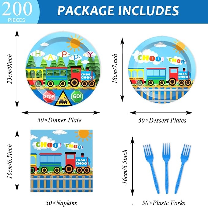 200Pcs Train Party Plates and Napkins Train Birthday Party Supplies Transportation Disposable Paper Decoration for Kids Birthday With Dinner Plates Dessert Plates Napkins Plastic Forks, Serves 50