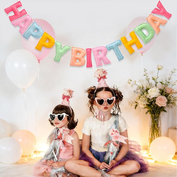 Pre-Strung 3D Pastel Felt Happy Birthday Banner, Handmade Macaron Color Birthday Garland for Party Decorations, Reusable Happy Birthday Sign for Kids Party Supplies Girls Women Rainbow Party Décor