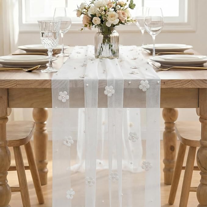 Artoid Mode Flower Pearl White Gauze Table Runner 10FT, Seasonal Sheer Dining Holiday Wedding Birthday Baby Shower Table Decor for Home Party