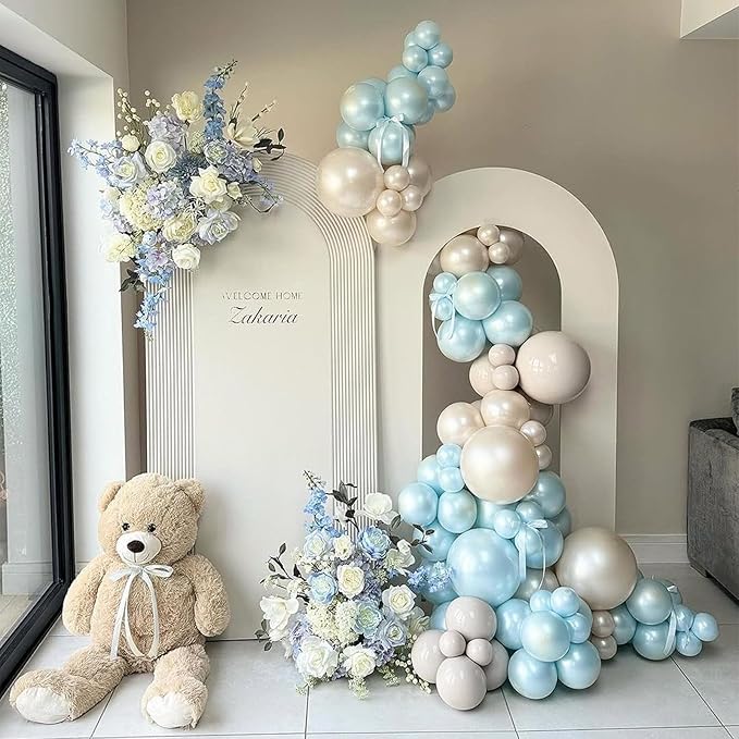 108Pcs Pearl Blue Double Stuffed Balloons Different Size, 18/12/10/5 inch Baby Light Blue Balloons Garland Arch kit for Birthday Baby Bridal Shower Wedding Party Decorations