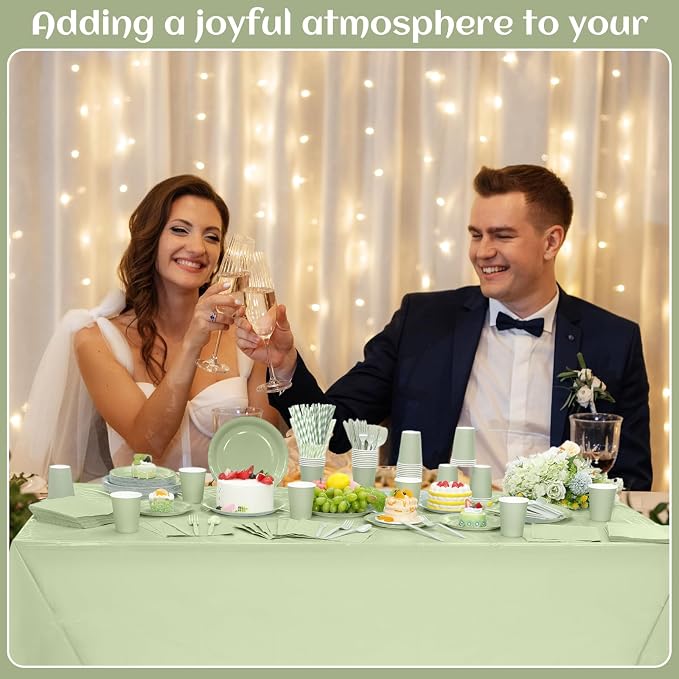 Funnymoom 452 Pcs Sage Green Party Supplies for 50, Sage Green Paper Plates Cups Napkins Tablecloth Cutlery Straws Tableware for Wedding Bridal Shower Birthday Baby Shower Party