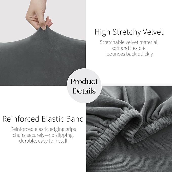 MOSAYT Velvet Stretch Chair Covers for Dining Room Set of 4 - Soft Slipcovers with Thick Removable Fabric for Parsons Chairs, Washable Seat Protectors for Kitchen, Banquet & Home Decor, Grey