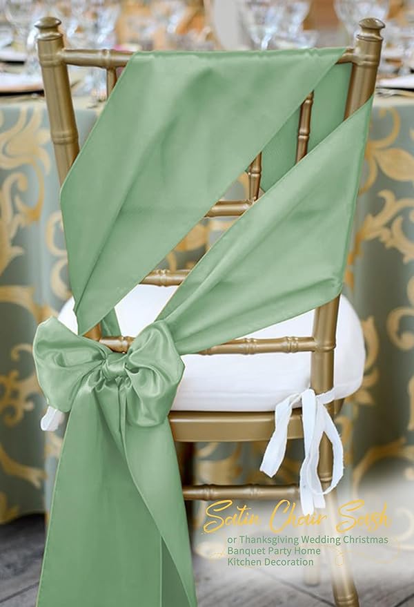 120 PCS Sage Green Satin Chair Sashes, Ties Bows Designed Chairs Decorative, Chair Cover Sashes for Thanksgiving Wedding Christmas Banquet Party Home Kitchen Decoration (7 x 108 inch)
