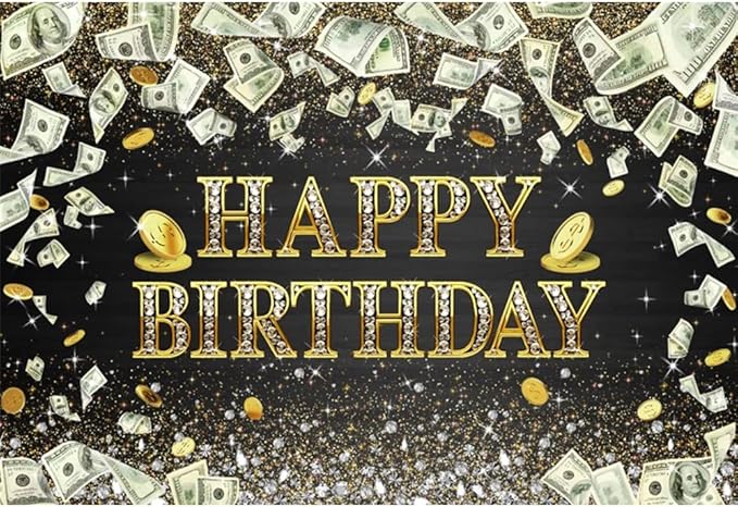 12x8ft Money Birthday Backdrop Dollar Bill Gold Coins Bday Party Background Supplies Money Happy Birthday Party Backdrop Black and Gold Banner Sparkle Glitter Diamonds Decor Gifts Photobooth