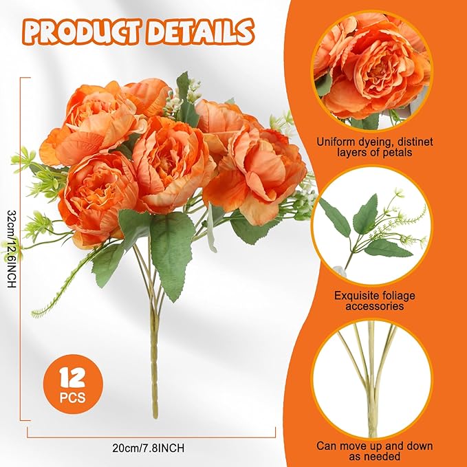 12 Packs Fall Peonies Artificial Flowers, Faux Peony Bouquet Silk Peonies Flowers for Centerpiece Table Wedding Party Home Decor (Orange)