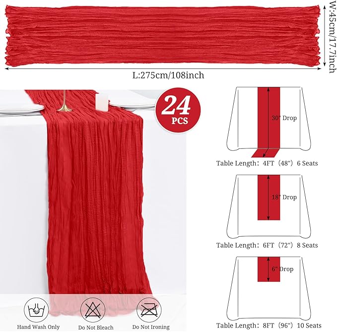 24 Pack Red Cheesecloth Table Runner,9FT Burgundy Runner,17x108inch Rustic Boho Gauze Table Runner for Wedding Party Bridal Shower Thanksgiving Christmas Boho Table Decoration