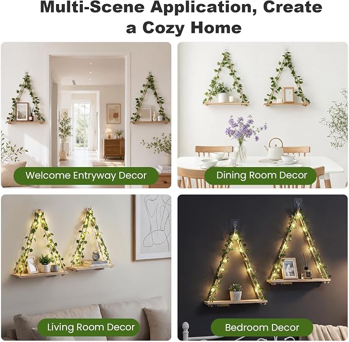 RICHER HOUSE Macrame Floating Shelves for Wall No Drilling, Boho Hanging Shelf with Artificial Ivy and LED Lights, Plant Wall Decor for Living Room Bedroom Dorm