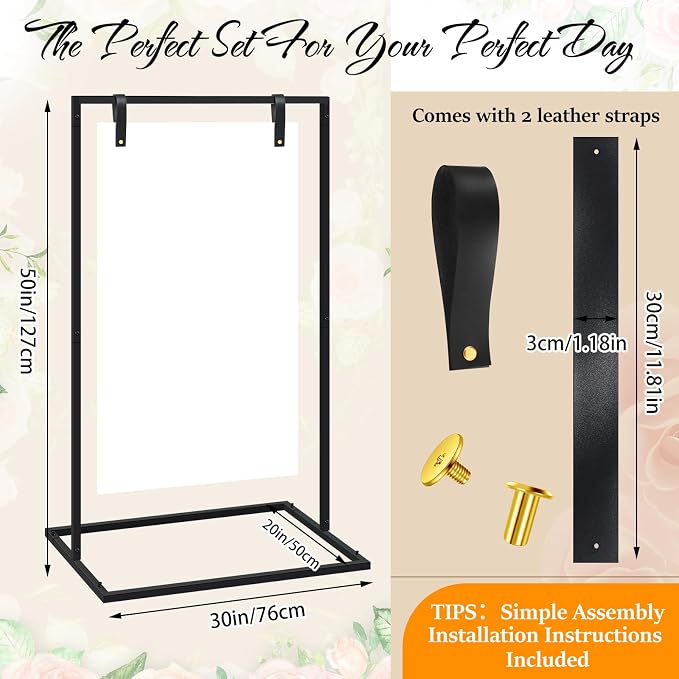 MorningRo Wedding Welcome Sign Stand 50”x30”x20” Welcome to Our Wedding Sign Holder with 2 Leather Straps Easel Stand for Signs Metal Display Poster Holder for Ceremony Party(Black)