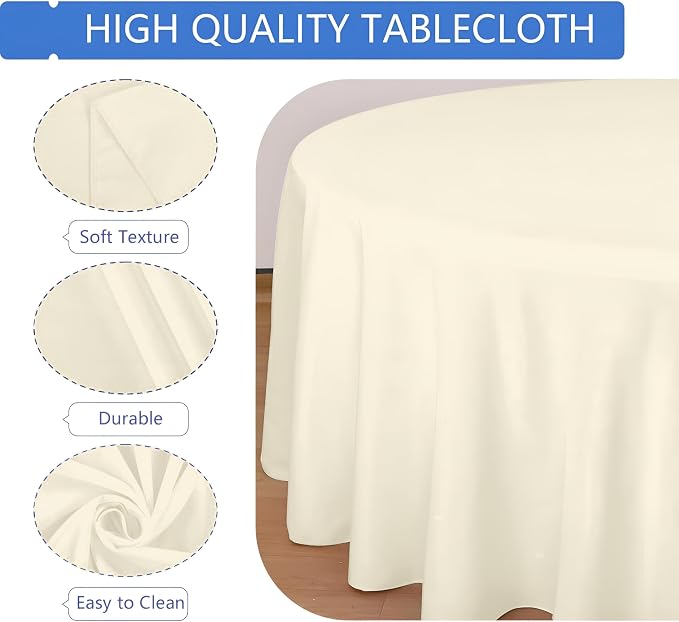 10 Pack Ivory Round Table Cloths, 90 inch Polyester Fabric, Wrinkle Resistant, Machine Washable, Perfect for Weddings, Parties, Everyday Use
