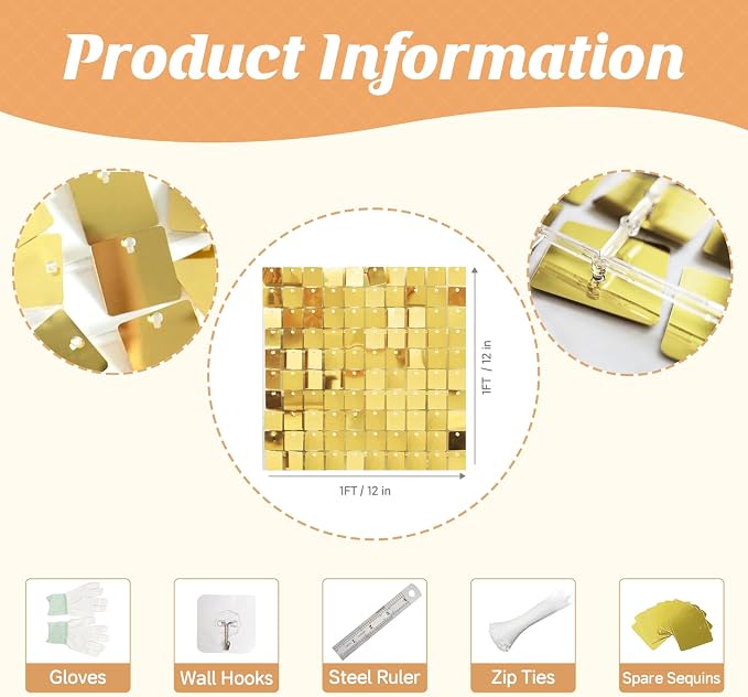 Light Gold Shimmer Wall Backdrop,Shiny Sequins,48Pcs Sequins Backdrop Panels,Glitter Bling Photo Background for Birthday Party Wedding Engagement Anniversary Graduation (Each 1FT², Total 48FT²)