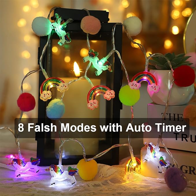 9.85 Ft Pom Pom Unicorn Rainbow String Lights, Colorful 20 LED Battery Operated Fairy Lights with Timer & 8 Flash Modes, Cute Kids Bedroom Decor Lights, Kawaii Unicorn Gifts for Toddler Teen Girls