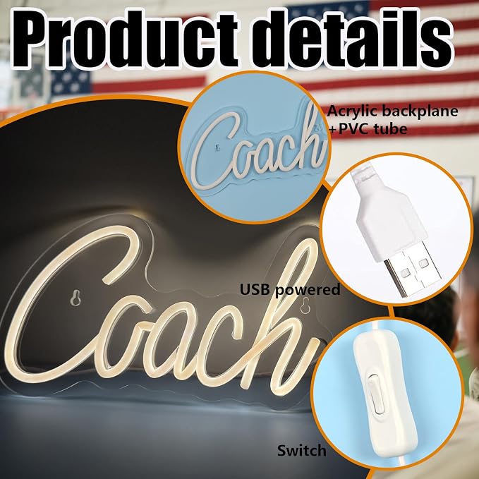 Coach Neon Sign, Basketball Led Neon Light, Dimmable LED Neon Signs for Wall Decor, Powered by USB Wall Decor Aesthetic, Sports Neon Signs for Room Bedroom Decor Coach Gifts