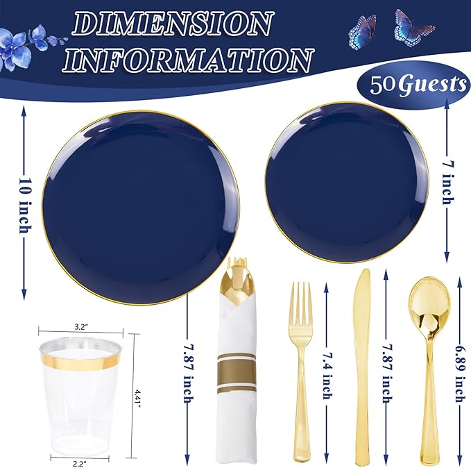 KIRE 350Pcs Blue and Gold Plates -Heavy Duty Navy Blue Dinnerware Set - 100 Plastic Plates 50 Pre Rolled Napkins with Gold Plastic Silverware 50 Cups for Birthday/Wedding/Parties/Graduation