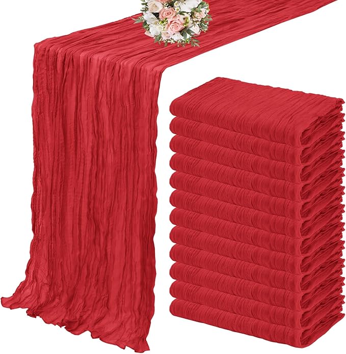 12 Pack Cheesecloth Table Runner 35 x 120 inch Long Boho Cheese Cloth Gauze Table Runners Semi Sheer Table Runner for Wedding Decor, Bridal Shower, Birthday Party (Red)
