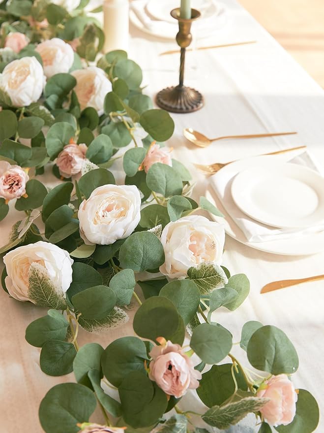 MISSPIN 2pcs Artificial Flowers Garland Spring Eucalyptus Garland Vintage Fake Flower Peony Rose Vine Greenery Decorative Wall Hanging Plant for Wedding Arch Door Arrangement Party Decor