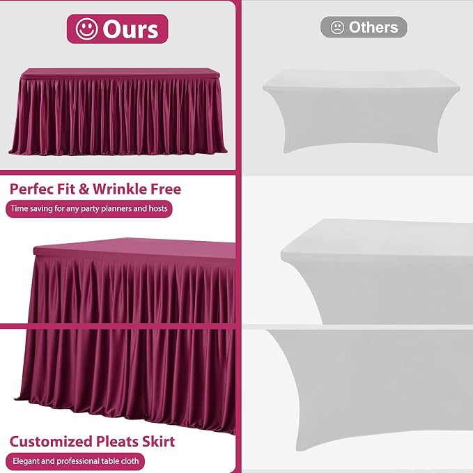 Wish Care 2 Pack Wine Red Rectangle Table Clothes for 6 Foot Tables, Polyester Fitted Tablecloths 6t Stretch Table Cover for Wedding, Birthday, Parties, Trade Show, Craft Show