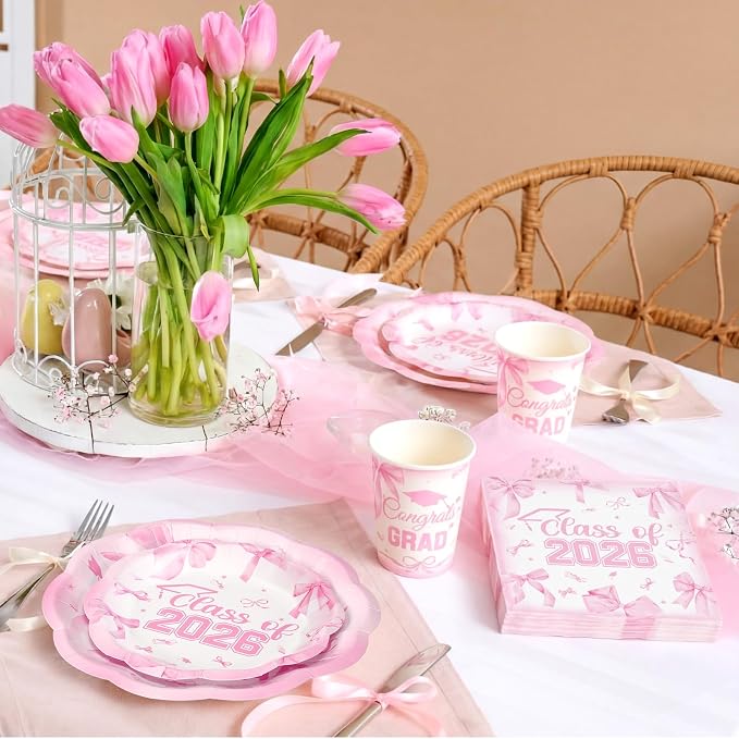 Newtay 250 Pcs Pink Bow Graduation Disposable Plates and Napkins Pink Congrats Grad Disposable Tableware Set for 50 Guests Paper Plates Napkins Cups for Girls Nurses Graduation Party Supplies