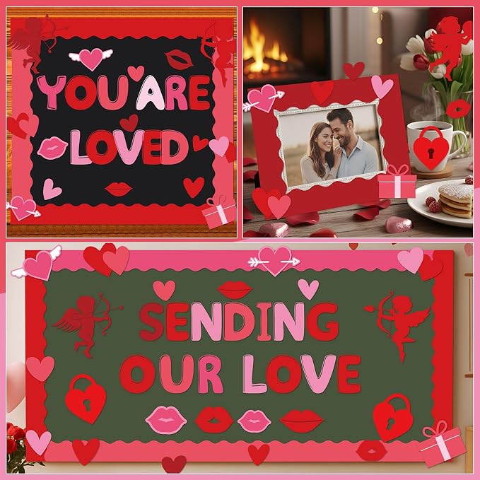 Kosiz Heart Bulletin Board Decoration Set 118 ft Scalloped Bulletin Board Borders Classroom Poster Border Trim with 257 Pcs Letter Number Symbol Cutout for Back to School Decor