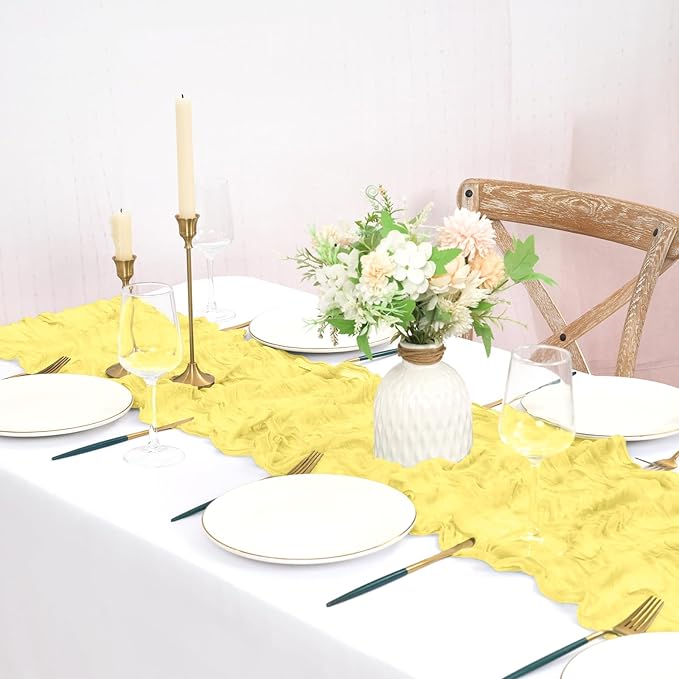 24 Pack Light Yellow Cheesecloth Table Runner 10FT Boho Gauze Cheese Cloth Table Runner Rustic Sheer Fabric Table Runners for Wedding Bridal Shower Baby Shower Party(21.5×120 Inch)
