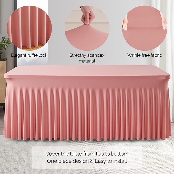 Wish Care 6 Pack Dusty Rose Spandex Table Clothes for 6 Foot Rectangle Tables, 6FT Wrinkle Free Fitted Tablecloths Ruffles Design Table Cloth for Party, Banquet, Wedding and Events