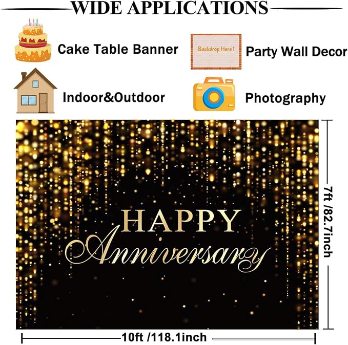 Happy Anniversary Backdrop Black Gold Anniversary Banner Cheers to Marriage Love Wedding Party Decorations Glitter Flowing Drapes Photography Background Photo Booth Props 10x7ft
