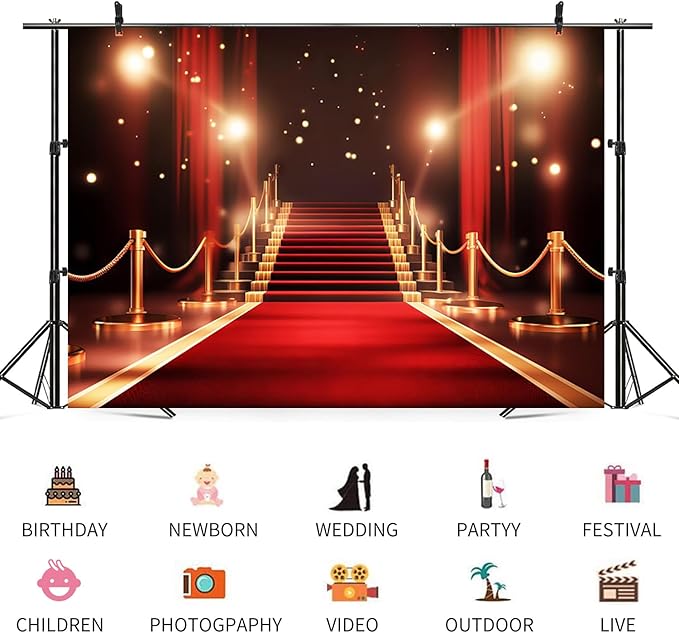 15x8ft Red Carpet Backdrop Golden Red Curtain Photography Background Glitter Dots Stairway Movie Premiere Award Ceremony Catwalks Stage Banner Decorations Kids Portrait Photo Booth Prop