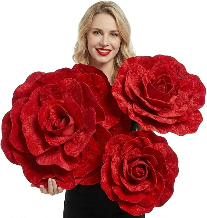 Norme 3 Pcs Giant Artificial Flowers Decoration 12, 16, 20 Inch Large Rose Petals Giant Flowers Large Red Rose for Wedding, Home Decor, Anniversary Birthday Valentine's Day