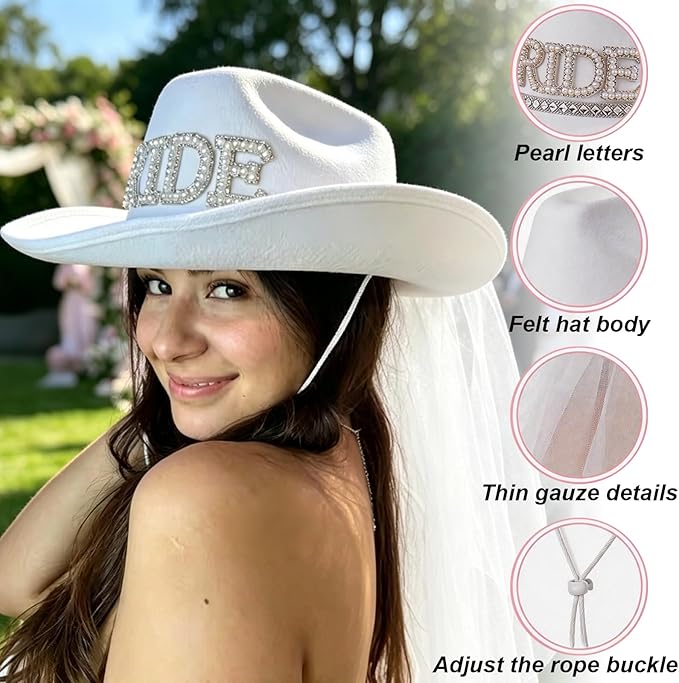Delphinus Bridal Cowboy Hat, Bronzing Bride Cowgirl White Velvet Fur Veil Favors Women Felt Party Hat,Bachelorette Party Bride to Be Gift