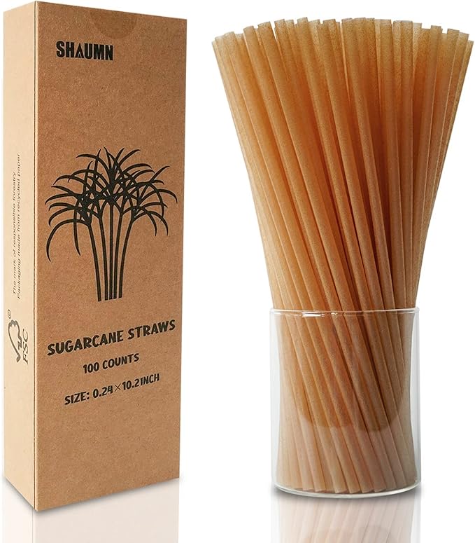 Biodegradable Sugarcane Straws - 10.2 Inch Long Compostable Drinking Straws - Bulk Plasticless Alternative for Hot/Cold Drinks