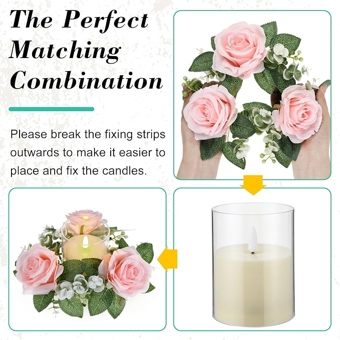 Yunlly 12 Pcs Rose Candle Rings with Flameless Candles Sets, Artificial Flower Eucalyptus Wedding Centerpiece 3 Inch Pillar Candleholders Wreaths for Wedding Party Mother's Day (Pink)