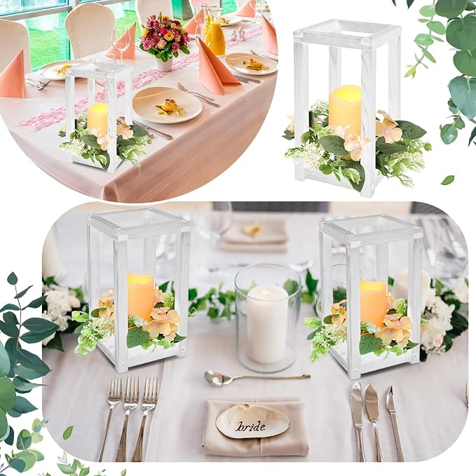 Hushee 60 Pcs Wooden Wedding Lantern Centerpiece Integrated Holders with Candles and Wreaths Rustic Wooden Candle Lantern Decor for Wedding Party Table Valentine Decor (White)