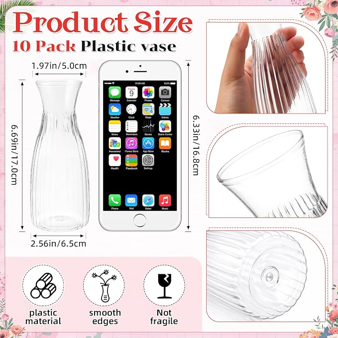Zeyune 31 Pcs Rose Artificial Flowers with Vase Bulk for Table Centerpiece, 20 Bundles Fake Silk Roses 10 Plastic Clear Vase with 1 Pcs Rope Arrangement Decoration Wedding Home Party (Rose Red)