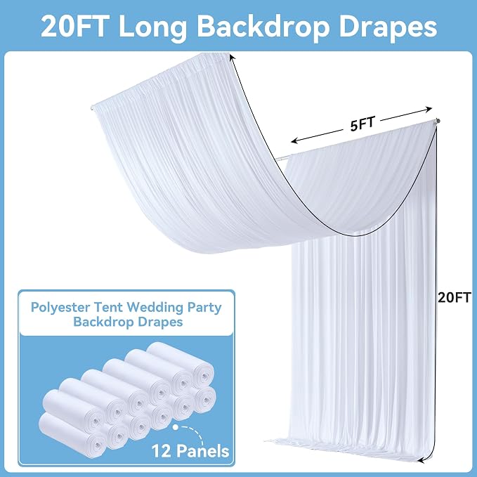 Outpain 60ftx20ft White Backdrop Ceiling Drapes,12Panels 20ft Height Wrinkle Free Tent Draping Curtains, Fabric Drapery Ceiling Drapes for Wedding Ceremony Birthday Theme Parties with Rod Pocket