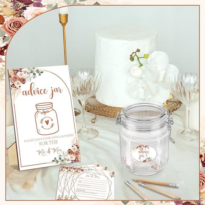 Jetec 74 Pcs Advice and Wishes for the Mr and Mrs 60 Pcs Wedding Advice Cards Advice and Wishes Jar Box Bridal Shower Advice and Wishes Cards for Bride and Groom Bridal Shower Decor(Boho)