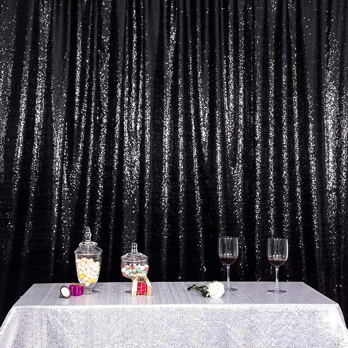 SquarePie 4x7ft Black Sequin Backdrop for Photography, Satin-Backed Real Sequin Curtain, Enhanced Coverage Shimmering Background with 4" Rod Pocket for Wedding, Birthday, Party Decor, 1 Panel