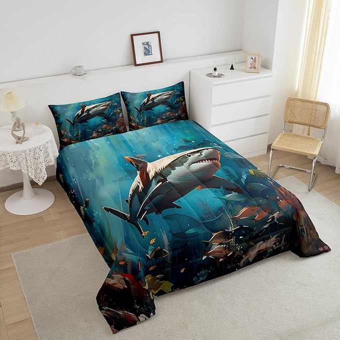 Feelyou Shark Comforter Set Queen Size Kids Marine Animals Comforter for Boys Girls Teens Cartoon Nautical Animals Bedding Set Underwater Animal Duvet Set Marine Life Sealife Quilt