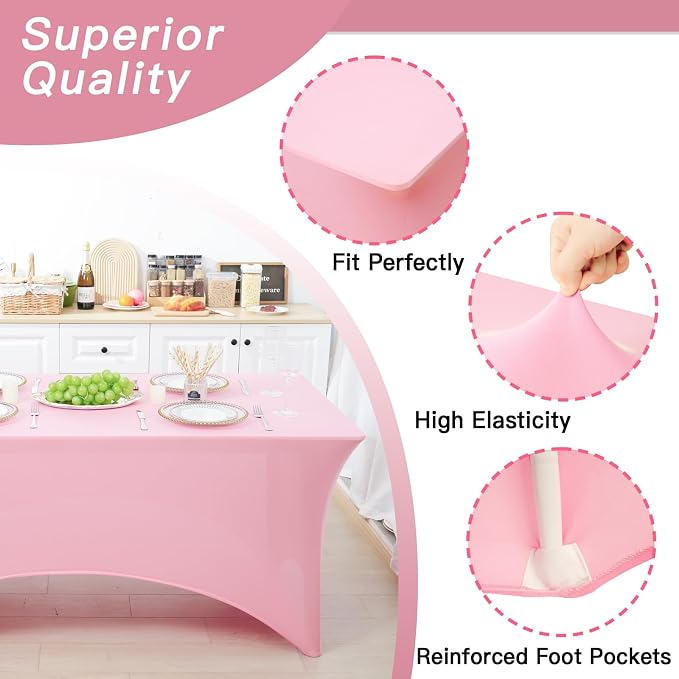 Fixwal 3 Pack Pink Tablecloth Rectangle 6Ft, Stretch Spandex Fitted Table Cover for Party, Trade Show, Wedding, Buffet, Graduation, Vendor Stand