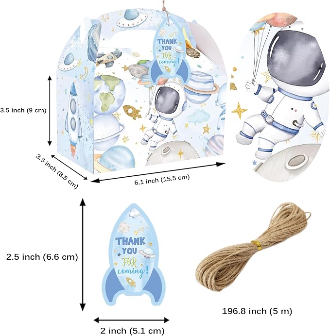 HAPPARTY 24PCS Blue Space Astronaut Party Favor Gift Boxes for Boy With Thank You Tags, First Trip Around the Sun Candy Treat Goodie Bags Boxes for Boy Birthday Baby Shower Decorations
