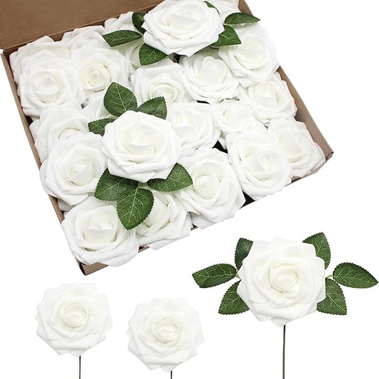 JOYLEX Artificial Flowers Realistic Roses, 100 pcs Real Looking Fake Roses with Stem for DIY Wedding Bouquets Centerpieces Bridal Shower Party Home Romantic Decorations (White)
