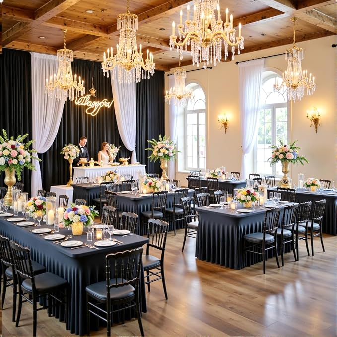 leegleri 8 Pack Black Spandex Table Cloths for 6 Foot Rectangle Tables, Wrinkle Free Stretch Fitted Tablecloths 6ft, Black Banquet Tablecloth with Skirt for Parties Weddings Birthday