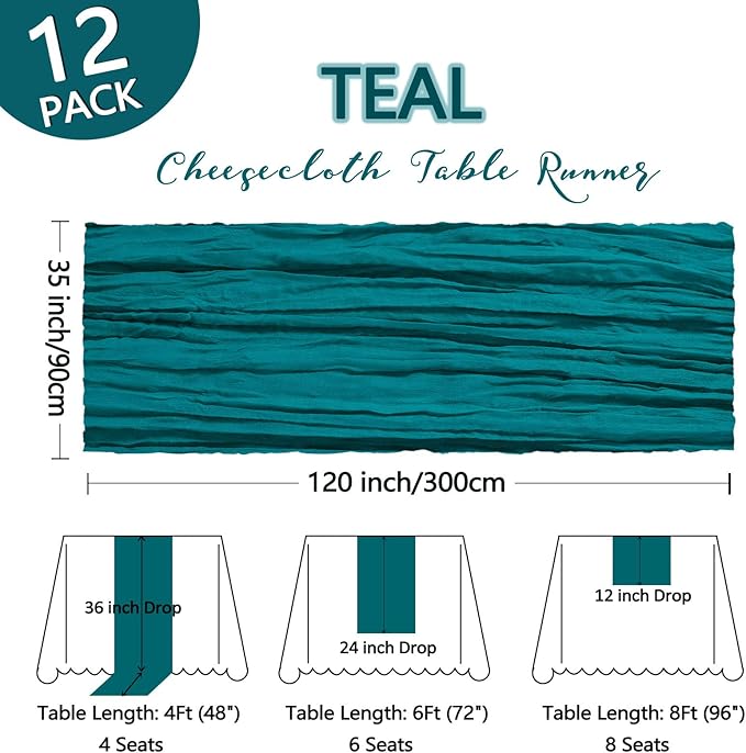 12 Pack Teal Cheesecloth Table Runner 10Ft Gauze Cheese Cloth Table Runner 35x120 Inch Boho Sheer Rustic Fabric for Party Decor Baby Shower Wedding Centerpiece Home Table Decorations