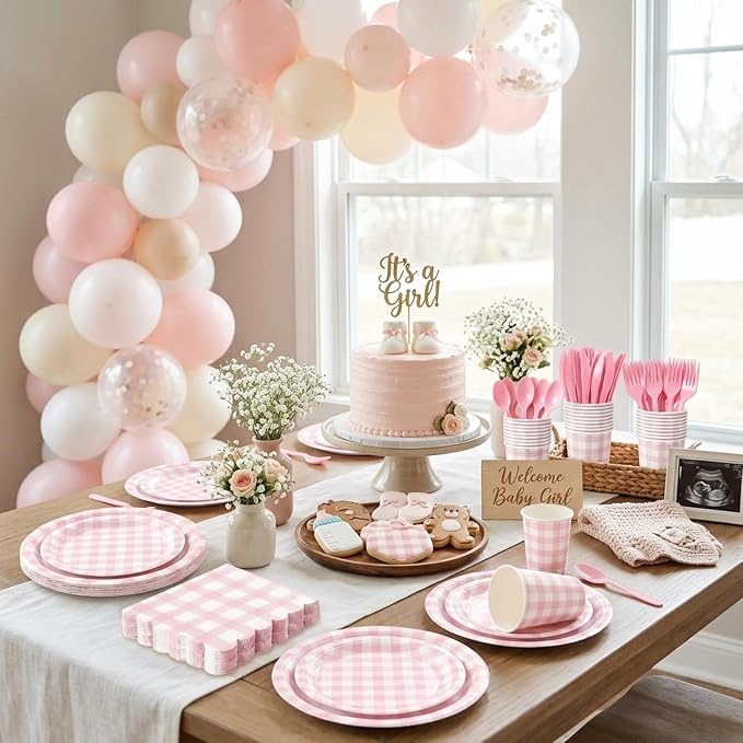 LINHAXM 175 PCS Pink Gingham Party Supplies, Pink Gingham Paper Plates, Cups, Napkins, Cutlery Pink Party Decorations for Bridal, Wedding, Birthday Party, Outdoor Picnic, Serves 25