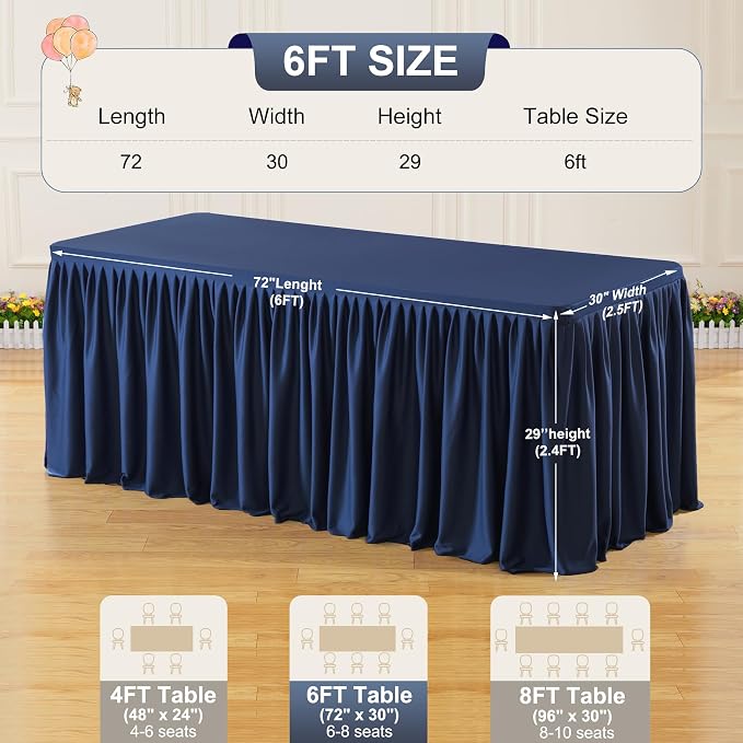 6 Packs Navy Blue Polyester Table Clothes for 6 Foot Rectangle Tables, Wrinkle Free Fitted Table Cover 6ft Stretch Tablecloths with Skirt for Parties Weddings Birthday Banquet Baby Shower