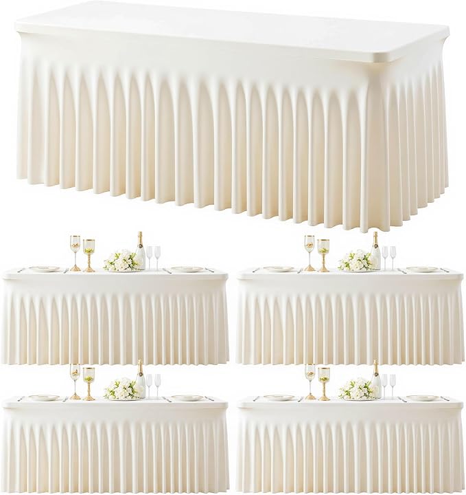4 Pack Ivory Table Cloth for 6 Foot Rectangle Tables Spandex Fitted Tablecloth 6ft Stretch Table Covers Skirt Ivory Banquet Tablecloths Wrinkle Free Tablecloth for Party Wedding Birthday Event