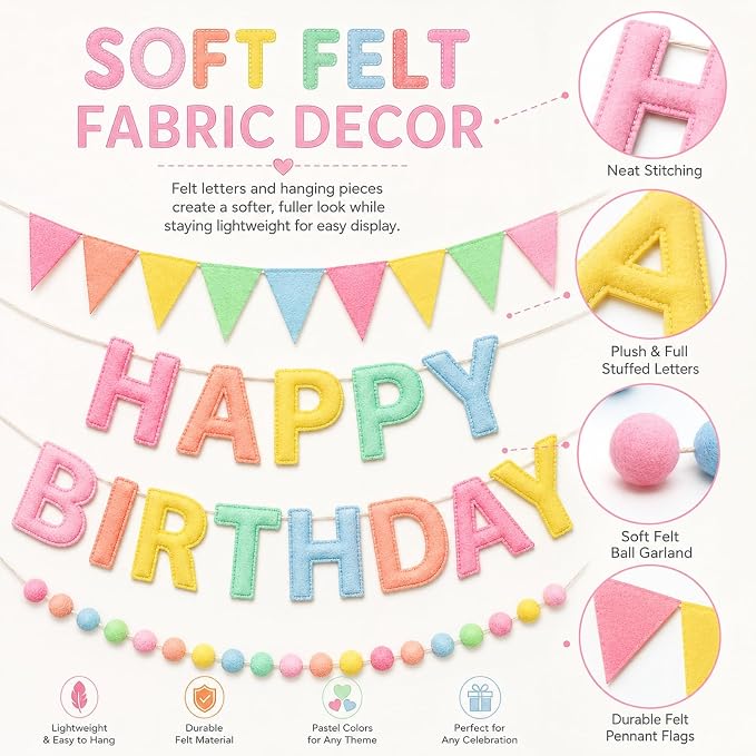 GOOGO Felt Happy Birthday Banner Set, Pastel Pre-Strung Party Decorations with Letter Banner, Felt Ball Garland and Pennant Flags for Girls and Women Birthday Decor